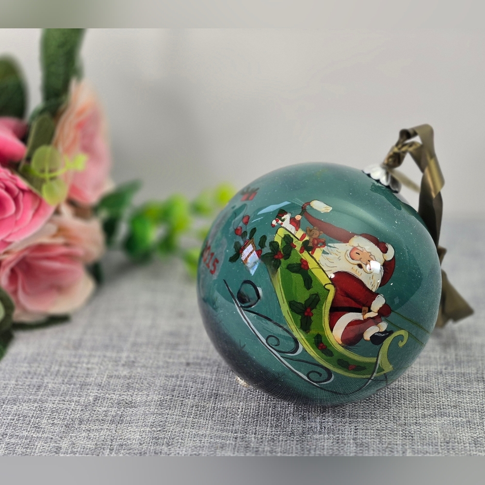 Discontinued Pier 1 Li Bien Glass Ornament 2015 Santa, Sleigh, Reindeers, Large